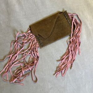 Brown Fringe Clutch with Pink Accents
